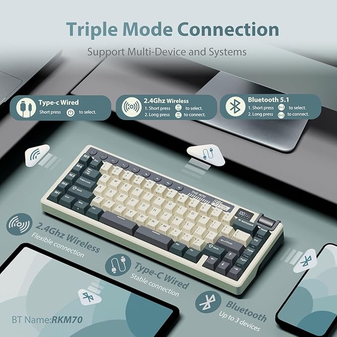 RK ROYAL KLUDGE M70 Wireless Mechanical Keyboard with Macro Keys 2.4GHz/Bluetooth/Wired 75% Gaming Keyboard with 6000mAh Battery Gasket-Mount Display & Knob RGB Hot-Swappable Soft Tactile Beige Switch