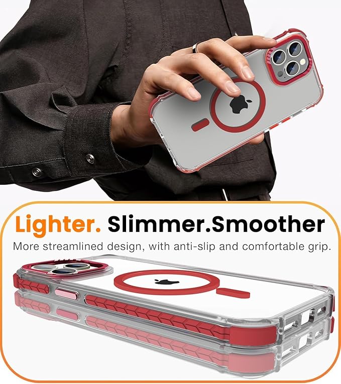 DEERLAMN Strong Magnetic Case for iPhone 14 Pro Max 6.7-Inch,[Compatible with Magsafe][Military Grade Drop Protection] Clear Slim Shockproof Protective Phone Cover-Transparent+Red
