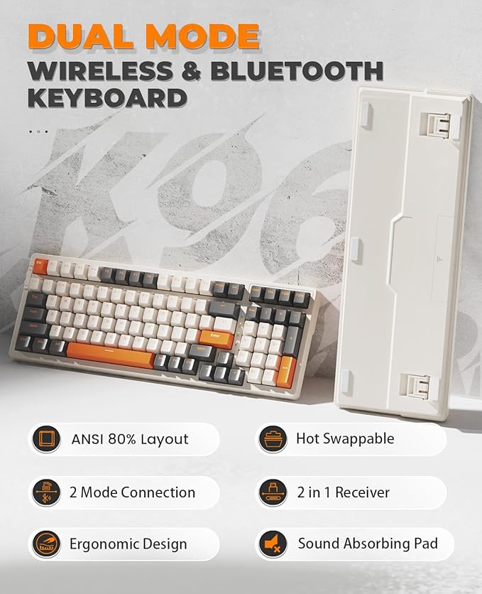 MAGIC-REFINER RK96 Wireless Mechanical Keyboard, Dual Mode 2.4G/BT5.0 2-in-1 Receiver, 100 Keys Hot Swappable Red Switches Gaming Keyboard with Number Pad for PC Gamers/Mac/Windows