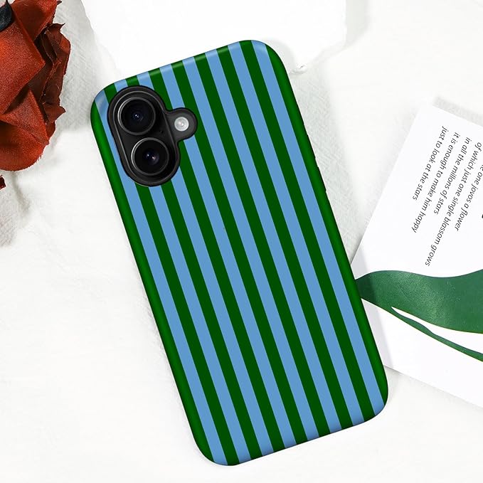 Magnetic for iPhone 16 Case Cute Stripes Phone Case, Shockproof Slim TPU and Hard PC Protective Phone Cover Compatible with MagSafe Designed for Women Girls, Green and Blue