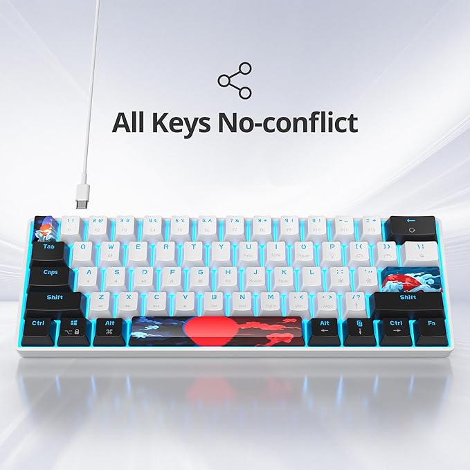 Protable 60% Percent Gaming Keyboard Mechanical, Mini Compact Ice-Blue LED Backlit 61 Keys Wired Office Keyboard with red Switch for Mac/Win/PS4/PS5（61White/red Switch）