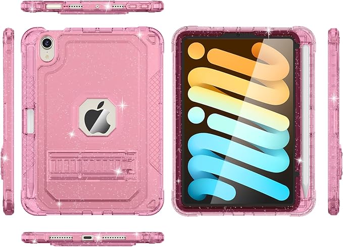 ZoneFoker Case for iPad mini A17 Pro, for iPad mini 7th/6th Generation Case 8.3 inch 2024/2021 with Pencil Holder/Stand, Slim Cover for i Pad Mini 7/6 (Clear Glitter Pink)