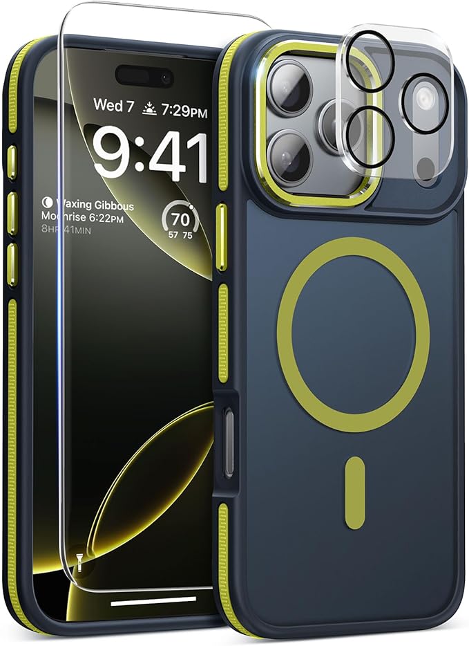 Magnetic 3 in 1 for iPhone 17 Pro Case, [Omni-Directional Protection] with 1x Screen Protector + 1x Camera Cover, [Seamless Work with Magsafe] Shockproof Slim Thin Case for iPhone 17 Pro Neon Yellow