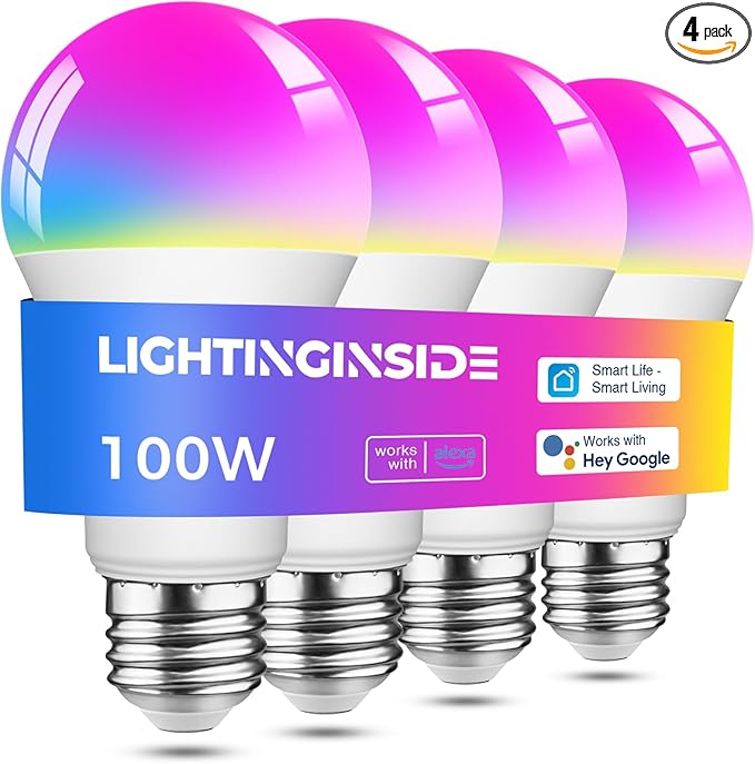 Lightinginside Smart Light Bulbs 100W Equiv., 1350LM 11W Smart Bulb Works with Alexa/Google Home/SmartLife, A19 E26 RGBCW Color Changing, No Hub Required, 2.4G WiFi Bluetooth Bulb, ETL Listed, 4PCS