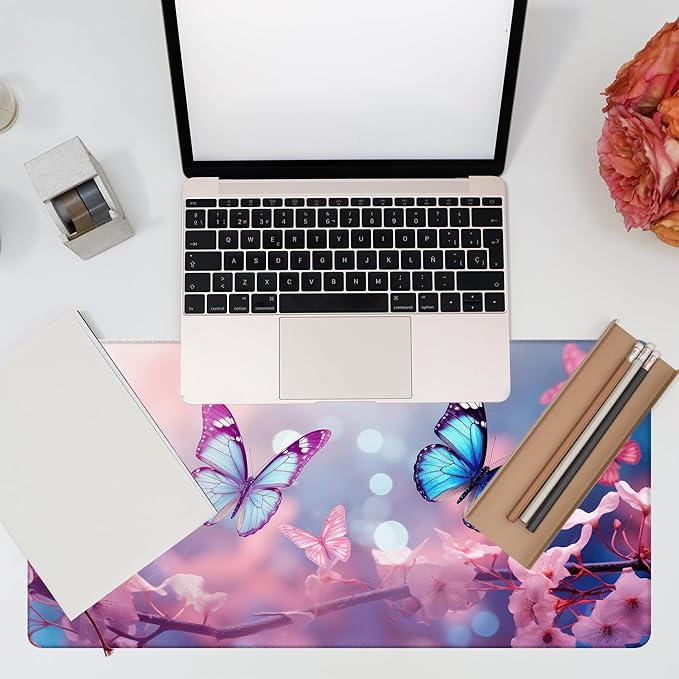 Desk Pad,Flying Blue Butterfly Desk Mat,Pink Cherry Blossom Branches Large Gaming Mouse Pad for Desk,31.5"x15.7" Extended Big Computer Keyboard Mouse Pad with Non-Slip Base and Stitched Edge