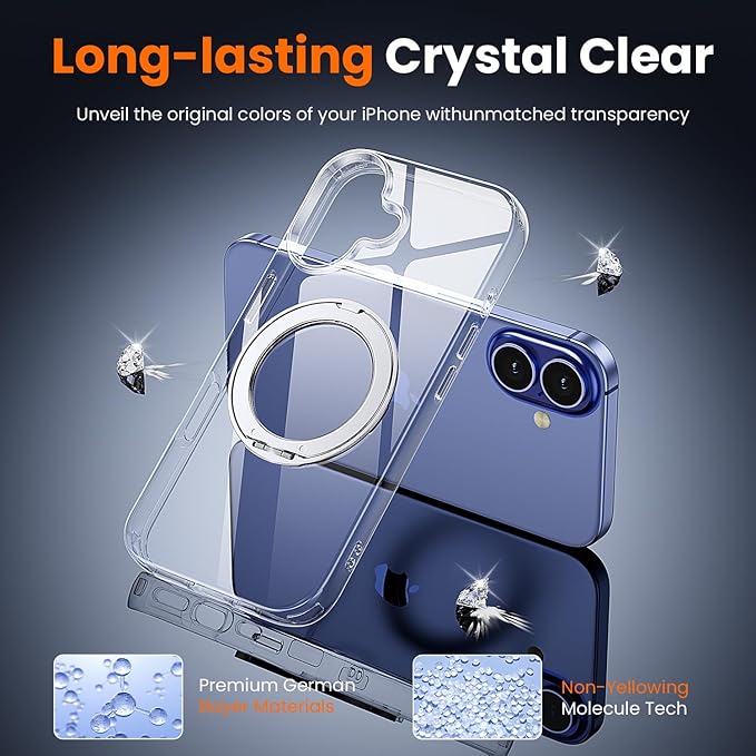 toushion 3 in 1 for iPhone 16 Case Clear with Stand, Not Yellowing, Flexible Stable Stand,Kickstand,fits MagSafe,Military-Grade Protection Phone case for iPhone 16 Clear - Ring Holder