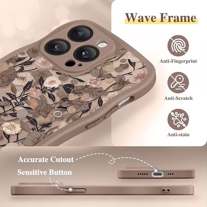 GVIEWIN for iPhone 14 Pro Case Compatible with MagSafe [Curly Wave Edge][Full Camera Protection] Floral Translucent Shockproof Magnetic Women Phone Case for 14 Pro, Apricot Blossom/Brown