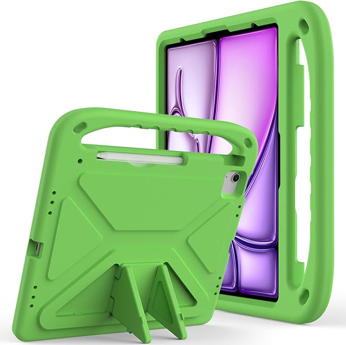 Kids Case for iPad Pro 12.9 inch Cover 6th/5th/4th/3rd Gen (2022/2021/2020/2018) with Kickstand/Handle/Stylus Pencil Holder Soft EVA Heavy Duty Shockproof Stand Girl Boy Cover, Green