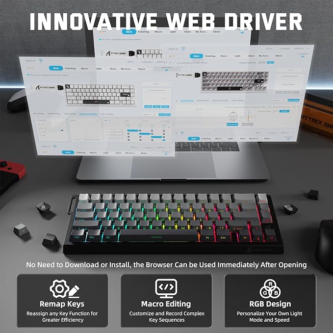 ATTACK SHARK X68 PRO HE Wireless Rapid Trigger Gaming Keyboard with Adjustable Actuation,8K Polling Rate,Hall Effect Magnetic Switch,Hot-Swap,RGB Backlit,BT/2.4GHz/Wired,for FPS Games-Moonlit Night