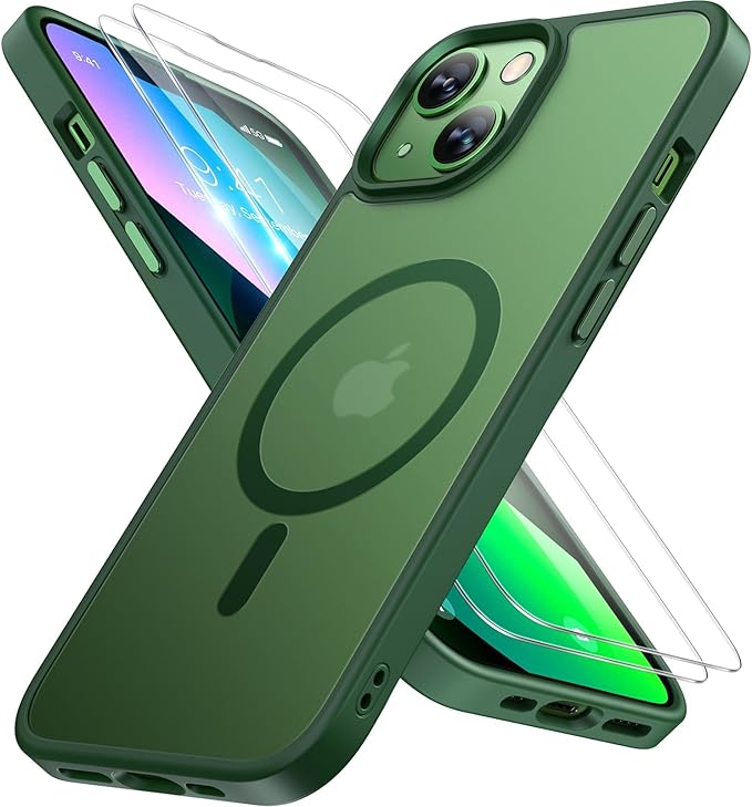 Miracase Magnetic for iPhone 13 Case 6.1 inch (Compatible with MagSafe)（with 2X Screen Protectors） Military-Grade Protection, Anti-Fingerprint Translucent Matte Phone Case Cover, Dark Green