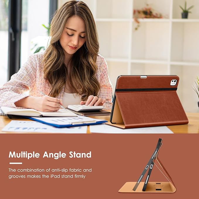 VIKESI Case for iPad Pro 13-inch M5 or M4 Released in 2025 or 2024, Leather Stand Cover with Apple Pencil Holder, Auto Wake/Sleep, Multiple Viewing Angles, Built in Hand Strap & Pocket,Brown