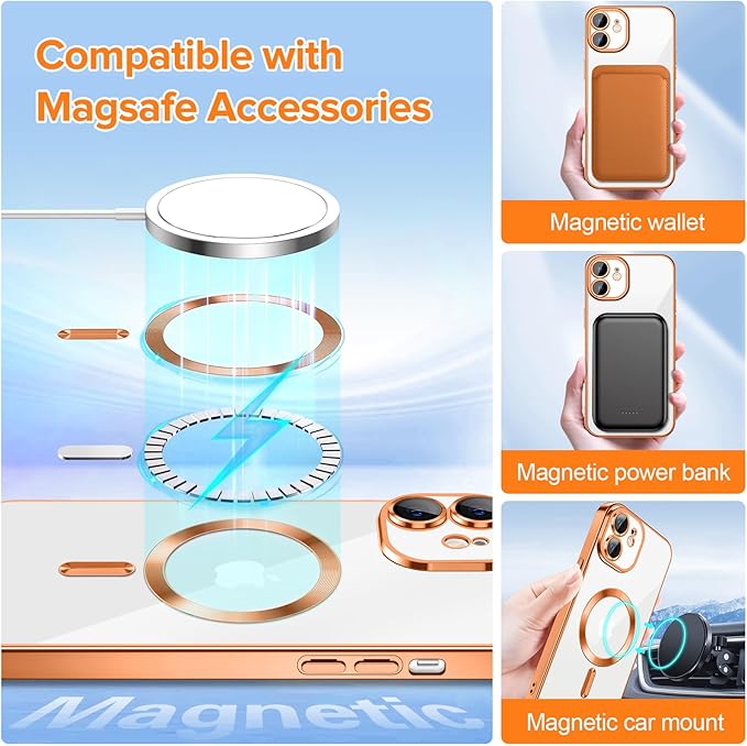 Hython Magnetic Clear for iPhone 11 Case with Camera Lens Protector [Compatible with MagSafe] Luxury Plating Edge Slim Soft TPU Cover Protective Phone Case for iPhone 11 6.1", Orange