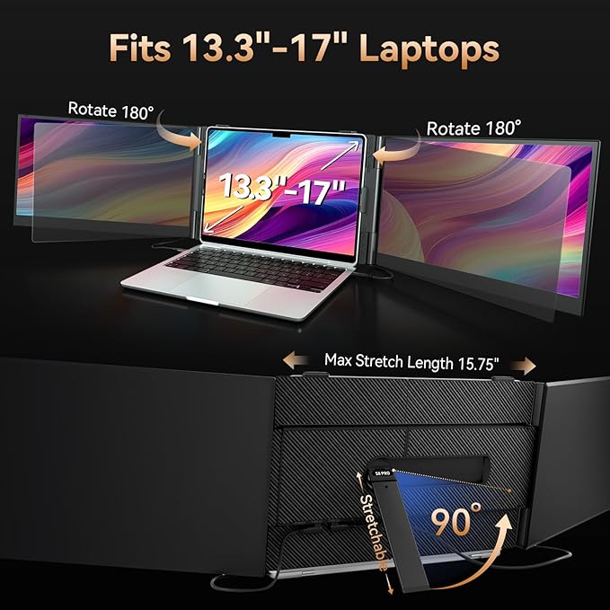 BOSII Laptop Screen Extender Monitor - 14 Inch Portable Triple Thin Monitors IPS FHD 1080P HDMI/USB-A/Type-C for 13"-17" Laptops Compatible with Windows Mac Travel Work