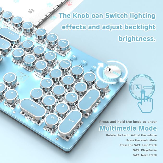 LexonElec Typewriter Style Retro Mechanical Gaming Keyboard, Vintage Steampunk with White LED Backlit, Wired 104-Key Blue Switch Cute Keyboard, Round Keycaps Knob Control for PC/Laptop/Mac (Blue)