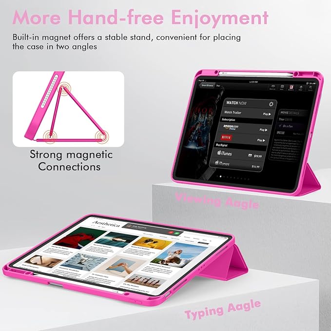 ZryXal New iPad Air 13 Inch Case M3 2025/M2 2024 with Pencil Holder, Trifold Stand Smart Case with Soft TPU Back,Auto Wake/Sleep(Rose Red)