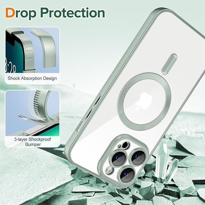 Hython Magnetic Clear for iPhone 13 Pro Max Case with Camera Lens Protector [Compatible with MagSafe] Plating Edge Slim Soft TPU Cover Protective Phone Case for iPhone 13 Pro Max 6.7", Matte Mint