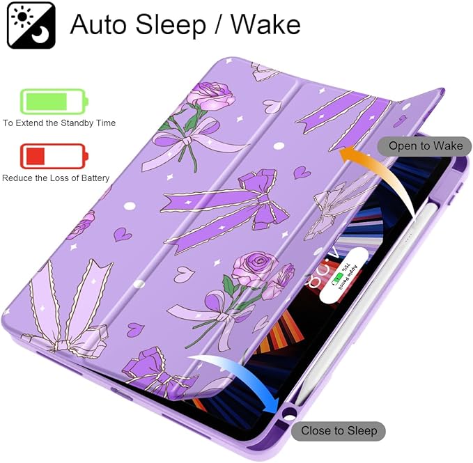 Tuiklol for iPad Pro 11 Inch 4th / 3rd / 2nd / 1st Gen (2022 2021 2020 2018) Case -Built-in Pencil Holder Shockproof Cover Clear Transparent Back Shell with Auto Wake/Sleep, Bow & Rose Purple