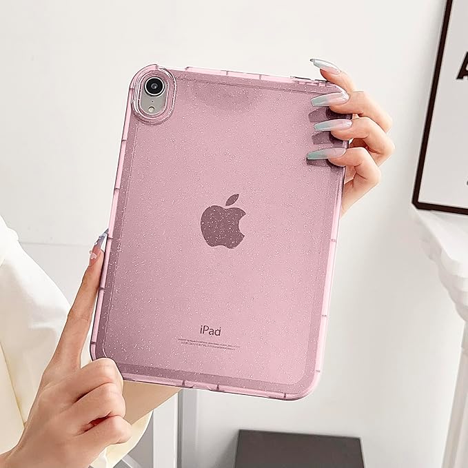 for Apple iPad Air 5th/Air 4th Generation 2022/2020 10.9 inch, Glitter Clear Soft Silicone Flexible TPU Back Shockproof Shell Bling Sparkly Paper Lightweight Thin Protective Cover, Pink