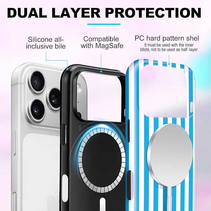 Magnetic for iPhone 17 Pro Max Case Cute Stripes Phone Case, Shockproof Slim TPU and Hard PC Protective Phone Cover Compatible with MagSafe Designed for Women Girls, Deep Blue