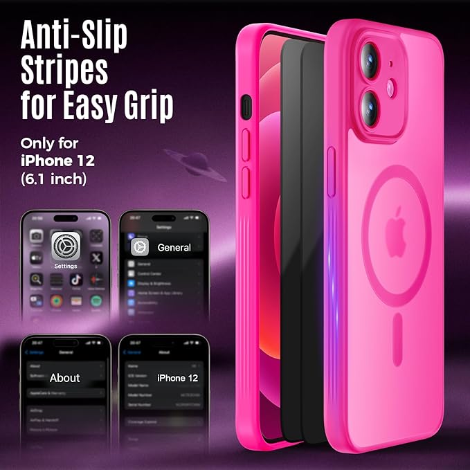 Symcele Designed for iPhone 12 Case, Compatible with MagSafe, with Privacy Screen Protectors X2, [Camera Protection] [15FT Military Drop Protection] Shockproof Phone Case, 6.1", Hot Pink