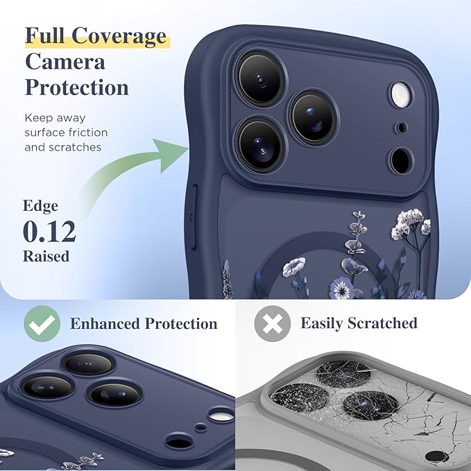 GVIEWIN for iPhone 17 Pro Max Case Compatible with MagSafe [Curly Wave Edge][Full Camera Protection] Floral Translucent Shockproof Magnetic Women Phone Case for 17 Pro Max, Floratopia/Blue