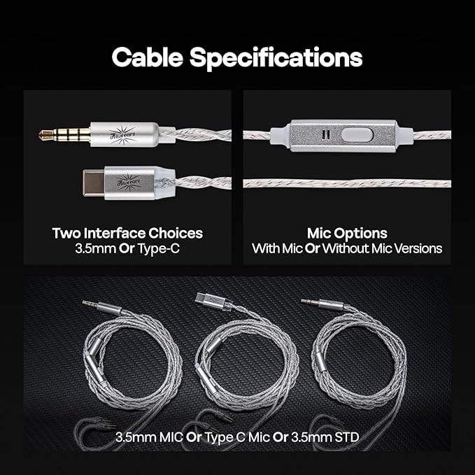 Linsoul Kiwi Ears Belle 10mm DLC Dynamic Driver in-Ear Monitor, HiFi Wired Earbuds with Dual Silver-Plated Cables, Professional IEM for Stage Performance/Gaming/Music Production (with MIC, Black)