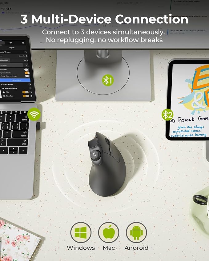 seenda Ergonomic Mouse Wireless, MOU-302 Bluetooth Vertical Mouse Rechargeable, Volume Knob, Silent Mice & 1000/1600/2400 DPI, 3 Multi-Device Connection for Windows/PC/Laptop/Mac/MacBook, Black