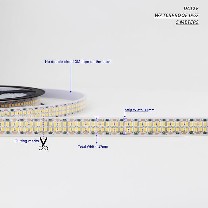 LEDENET LED Strip Lights Warm White 3000K 2400LEDs DC 12V 16.4ft/5M Double Row 2835 SMD LED Tape Light Flexible Dimmable Ribbon Lamp Waterproof IP67 Outdoor Lighting(No Adapater and Dimmer)