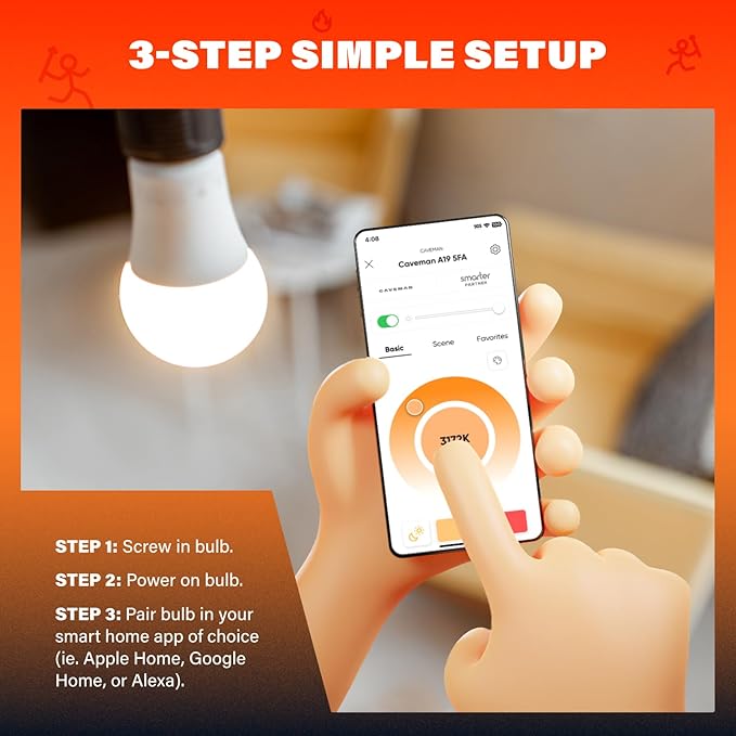 Caveman Matter & WiFi A19 Smart LED Light Bulb, RGBW Color Changing, Tunable Warm & Cool White 800LM (60W Equivalent) – Alexa, Google Home, Apple Home Bulb (4pk)
