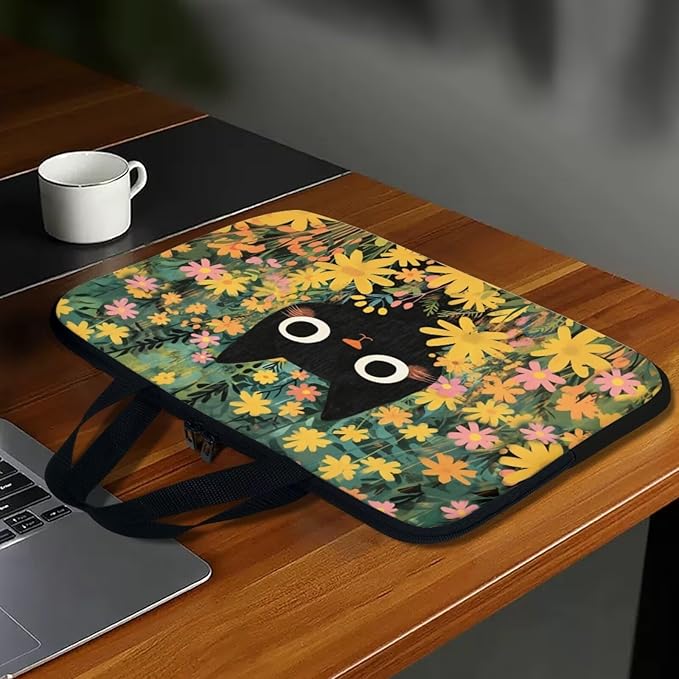 13 Inch Black Cat Flowers Laptop Sleeve Case, Sturdy Computer Bag Tablet Carrying Case with Handle, Tote Bags for Work/School/Travel, Large Capacity Notebook Messenger Briefcase