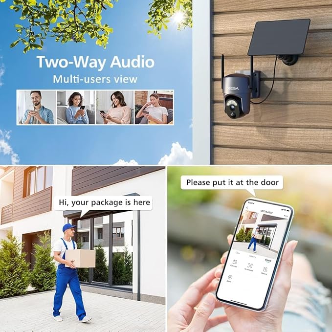 Xega Security Camera Wireless Outdoor 2K 360° PTZ Camera Solar Security Cameras 2.4G WiFi Video Surveillance w/Spotlight & Siren, Color Night Vision, AI Motion Detection, 2-Way Talk, IP66
