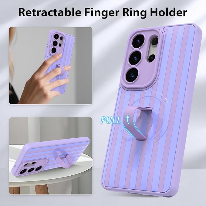 KANGHAR Compatible with Samsung Galaxy S26 Ultra Case, Support for MagSafe, Silicone Stripes Cute Pattern, Wristband Kickstand Camera Protection Soft Slim Cover for Girls Women -Purple