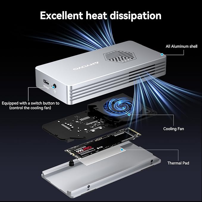 ANYOYO 40Gbps M.2 NVMe SSD Enclosure with Cooling Fan, Aluminium Alloy Enclosure Compatible with Thunderbolt 4/3/USB4, Support M/B+M Key SSD, Tool-Free Installation