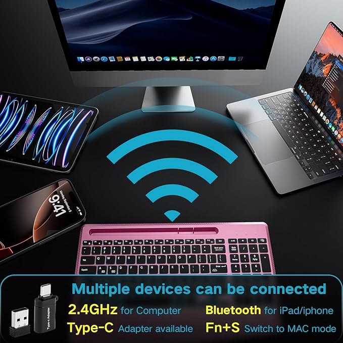 Hamile 2.4G&Bluetooth Wireless Keyboard - Light Up Keyboards with Wrist Rest - 8 Backlit Effects - Slim Rechargeable Silent with Holder for Windows, Mac, Rose Pink