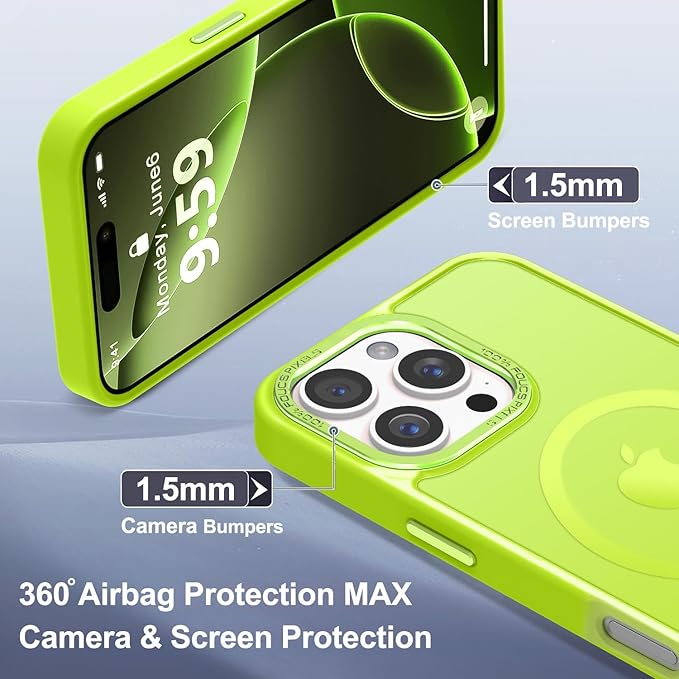 Newfuture Designed for iPhone 16 Pro Max Case with Magnetic [13 FT Military Drop Protection] [Compatible with Magsafe] Translucent Matte Shockproof with Anti-Fingerprint Phone Case, Fluorescent Green