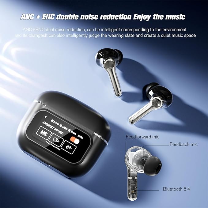 Active Noise Cancelling Touch Screen Earbuds with Screen Touchscreen TWS Bluetooth Earbuds Active Noise Canceling Blue Tooth Ear Buds for iPhone ANC Transparency Mode