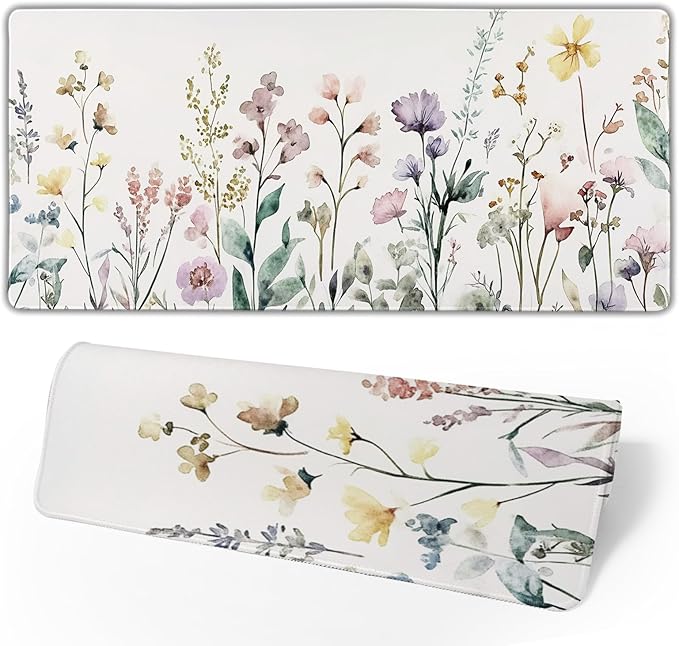 Floral Desk Mat Beige Boho Desk Pad Large Extended Gaming Mouse Pad XL Cute Minimalist Flowers Keyboard Mat 31.5x11.8 Inch Boho Esthetics Mousepad Big Keyboard Mouse Mat for Home Office Work Game