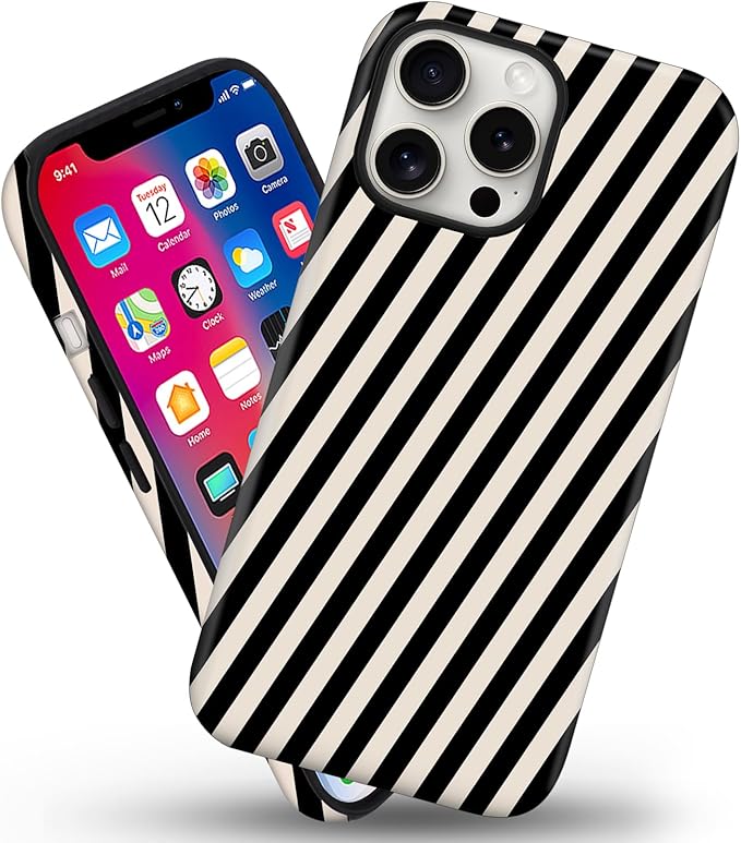 Magnetic for iPhone 15 Pro Max Case Cute Diagonal Stripes Phone Case, Shockproof Slim TPU and Hard PC Protective Phone Cover Compatible with MagSafe Designed for Women Girls,Black and White