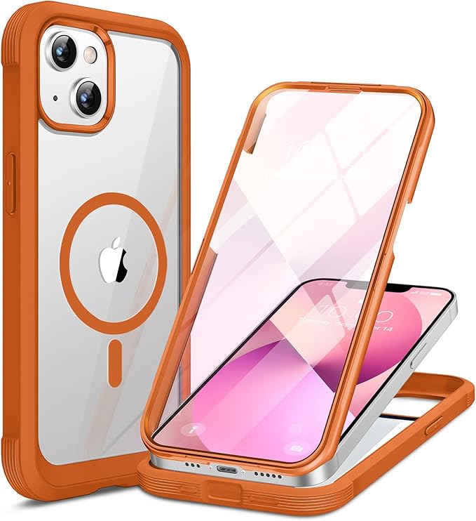 Miracase for iPhone 13 Case 6.1'',Full-Body Magnetic Clear Bumper Case with Built-in 9H Tempered Glass Screen Protector,Military Drop Protection Outdoor Phone Case,Orange