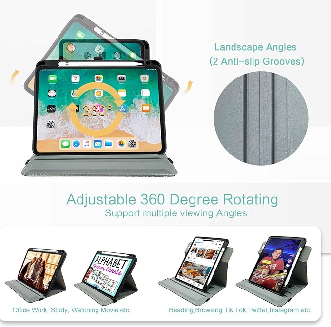 for iPad (A16) 11Th/10Th Generation Case 2025/2022,for iPad Case 11th/10Th Generation 360 Degree Rotating 4 Viewing Angles Pencil Holder/Hand Strap/Pocket Auto Wake/Sleep Cover, Black Flowers
