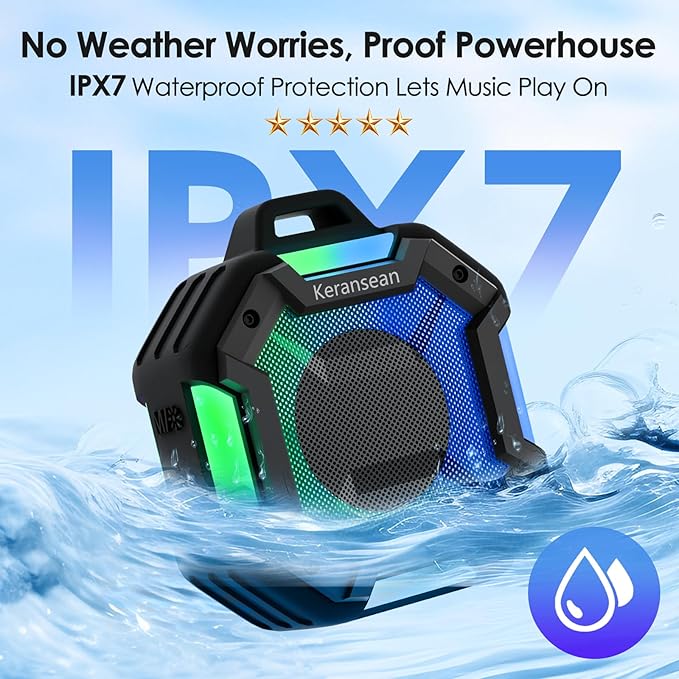 Shower Speaker Bluetooth 5.4, IPX7 Waterproof Portable Bluetooth Speakers with LED Lights, 24H Playtime, TWS Pairing for Dual Stereo Sound, Detachable carabiner for Outdoor Pool Beach Gift -Black