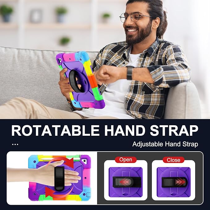 for iPad 6th Generation/iPad 5th Gen/iPad Air 2/iPad Pro 9.7" Case with Cute Key Chain, Rugged Protective Case with Rotating Stand & Shoulder Hand Strap for iPad 6th/5th/ Air 2 (Rainbow Purple)