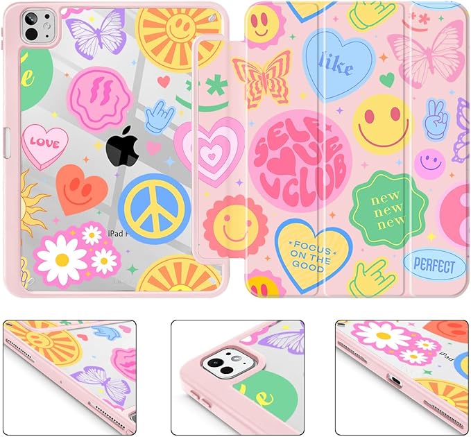 May Chen Case for iPad Pro 11-Inch M5/M4 2025/2024 (6th/5th Generation), Clear Transparent Print Back Shell Slim Stand Shockproof Tablet Cover, Auto Wake/Sleep, Smile Art
