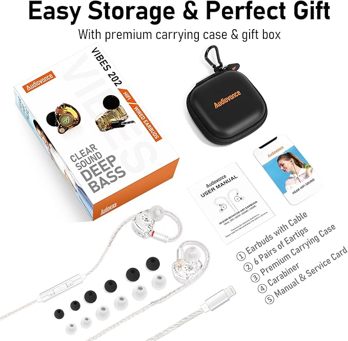 Vibes 202ML Wired Earbuds - HiFi in Ear Headphones for iPhone 5–14, Noise Isolating Ear Buds w/ Mic - Clear Sound, Deep Bass, Comfort-Fit Earphones - MMCX–LTN, Silver Plated Cord, Carrying Case
