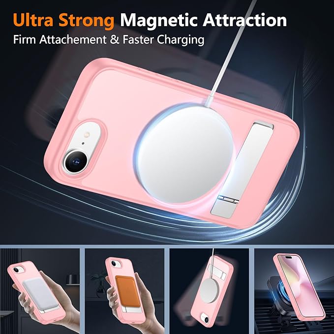 SPIDERCASE Magnetic for iPhone 17e Case for iPhone 16e Case, with [3 Stand Ways] [Military Grade Drop Protection] Invisible Stand Shockproof Slim Case for iPhone 17e/16e 6.1 inch, Light Pink