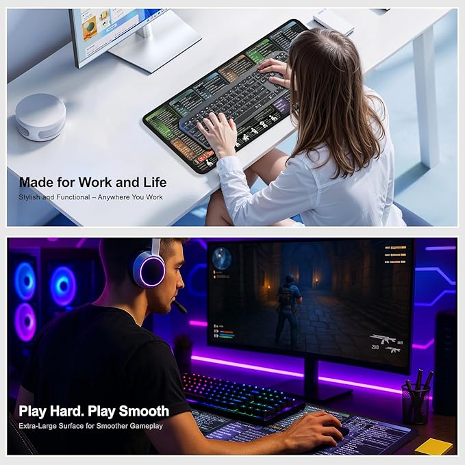 secret corner Mouse Pad with Excel Cheat Sheet Desk Pad, Large Waterproof Non-Slip Desk Mat with Printed Keyboard Shortcuts for Work, Study, Computer, or Gaming(27.6x11.8 in)