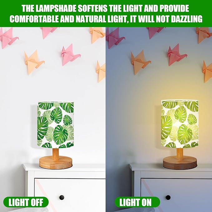 VIHOSE Jungle Animal Table Lamp Bedside Table Lamp Monstera Palm Leaves Vintage Nightstand Light with Linen Fabric Shade Solid Wood Base Decoration for Living Room Bedroom Desk Dorm