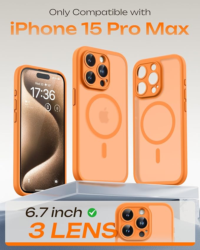 TOCOL for Phone 15 Pro Case, Compatible with Magsafe Charger, Full Camera Protection, Drop Protection, Translucent Matte Phone Case for iPhone 15 Pro 6.1 inch (Orange)