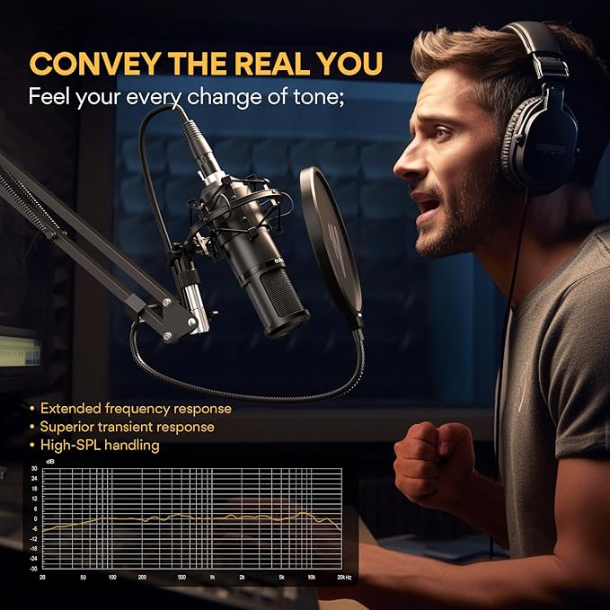 MAONO XLR Condenser Microphone, Professional Cardioid Studio Mic with Boom Arm, Pop Filter, Compatible with Audio Interface and Mixer for Streaming, Podcasting, Vocal Recording, Music, PM320S