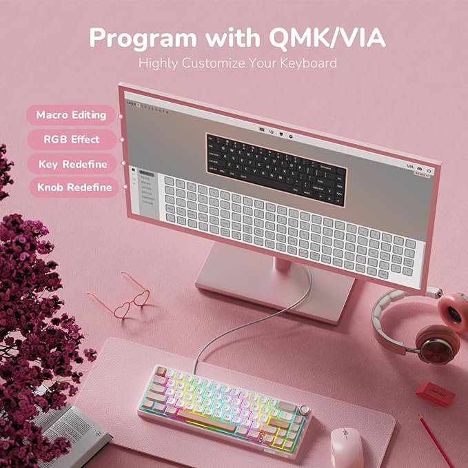 RK ROYAL KLUDGE R65 Wired Mechanical Keyboard with Volume Knob, 60% Percent RGB Backlit Gasket Mount Gaming Keyboard with PBT Keycaps, MDA Profile, QMK/VIA, 66 Keys Hot Swappable Cream Switch, Pink